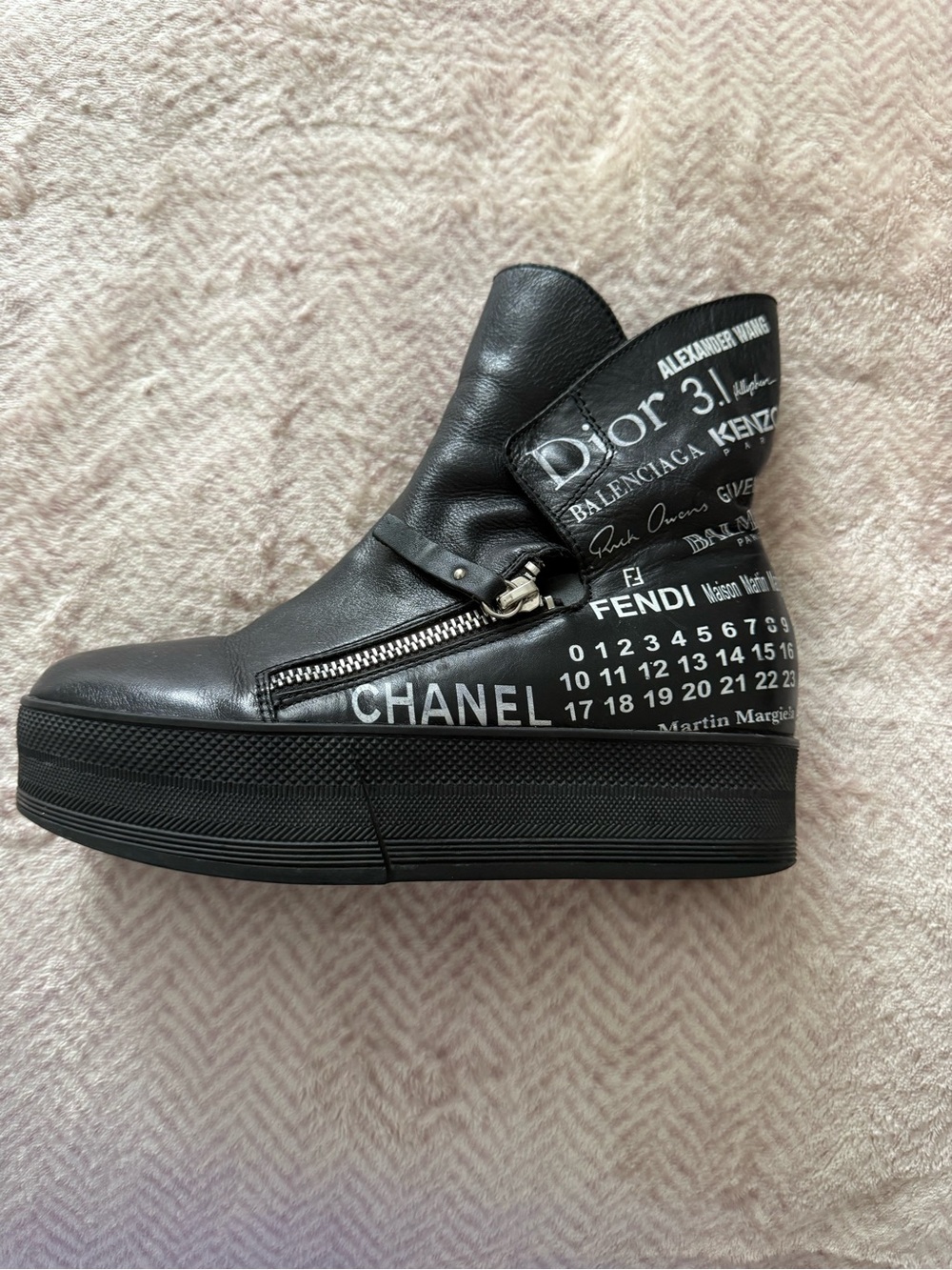 Max Black Leather Avant-Garde Sneaker Boots Mashup Multi-Logo Print Size 5.5